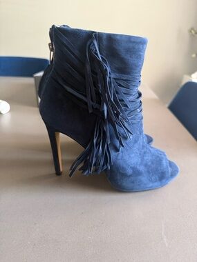 Vince Camuto Navy Suede Fringe Peep-Toe Ankle Bootie